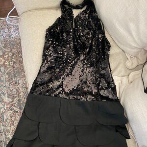 Bebe Design Lab Black Sequin Halter Mini Dress with Scalloped Skirt - Size XS